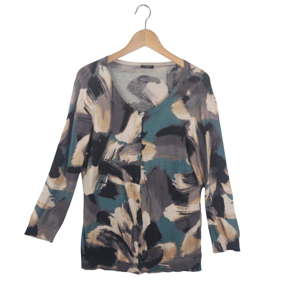 Ann Taylor Cardigan Sweater Abstract Floral Painterly Blue Grey Button Front‎
